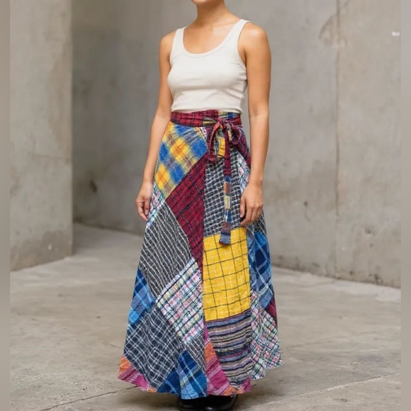 Patchwork Plaid Wrap Cotton Maxi Skirt - Picture 1 of 15